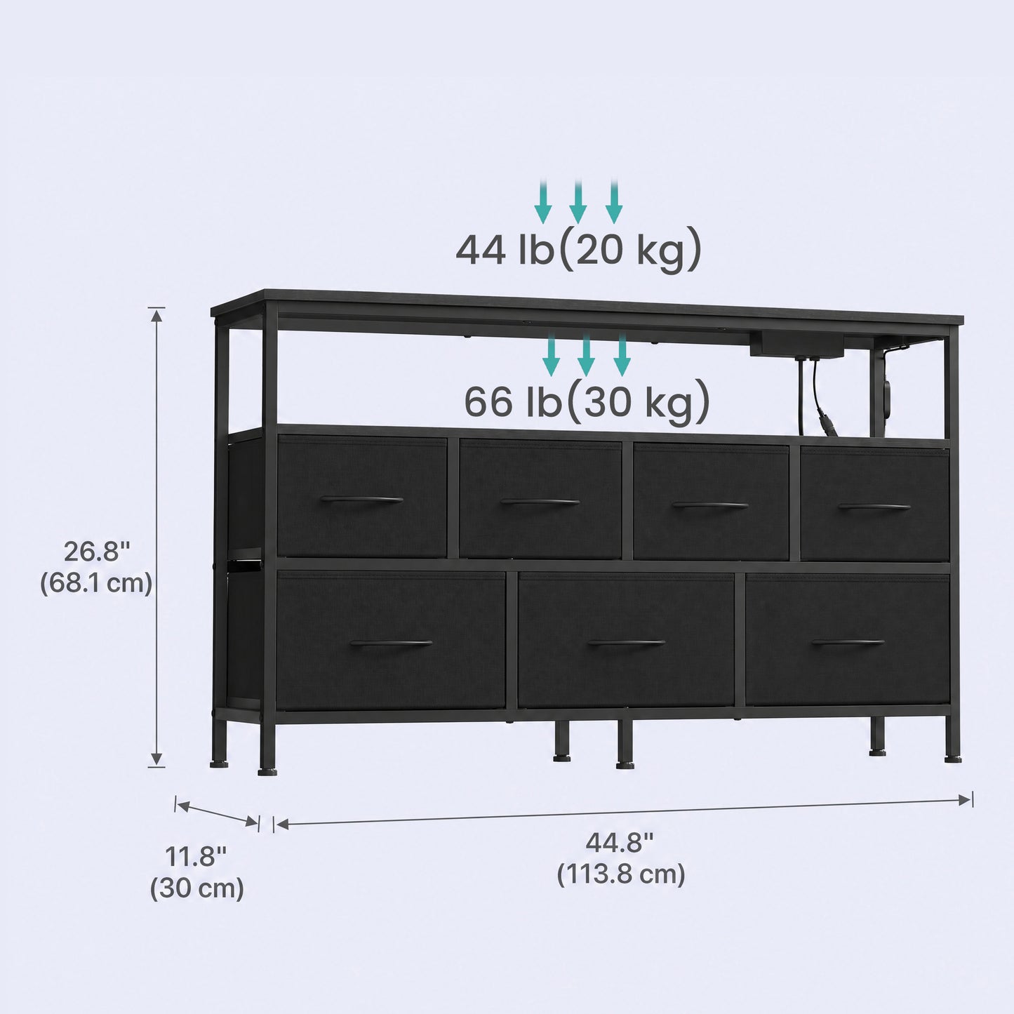 Dresser with Charging Station and LED Lights, 7 Drawers Storage Cabinet, 44.8 x 11.8 x 26.8 inches, Black
