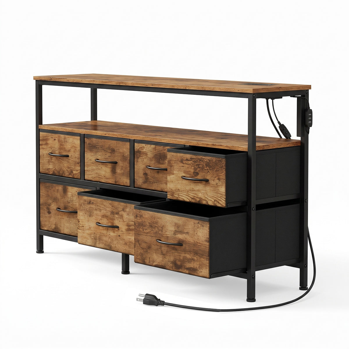 Dresser with Charging Station and LED Lights, 7 Drawers Storage Cabinet, 44.8 x 11.8 x 26.8 inches, Tan and Black