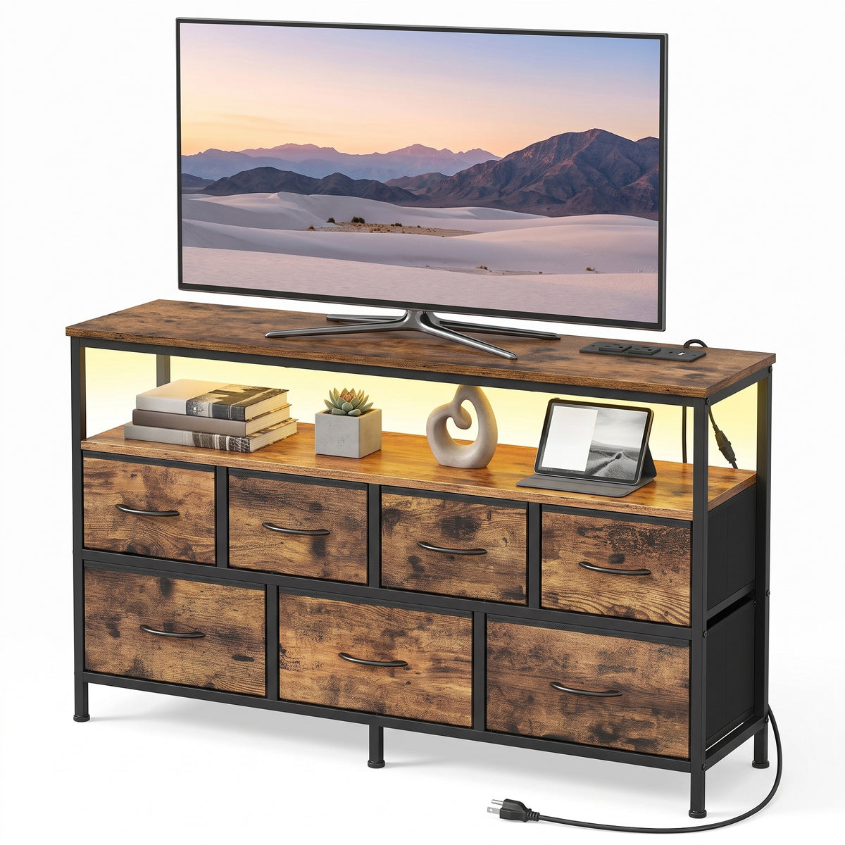 Dresser with Charging Station and LED Lights, 7 Drawers Storage Cabinet, 44.8 x 11.8 x 26.8 inches, Tan and Black