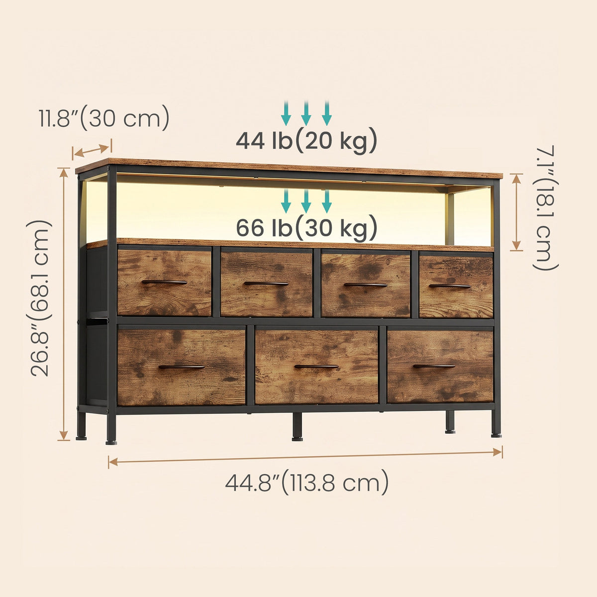 Dresser with Charging Station and LED Lights, 7 Drawers Storage Cabinet, 44.8 x 11.8 x 26.8 inches, Tan and Black