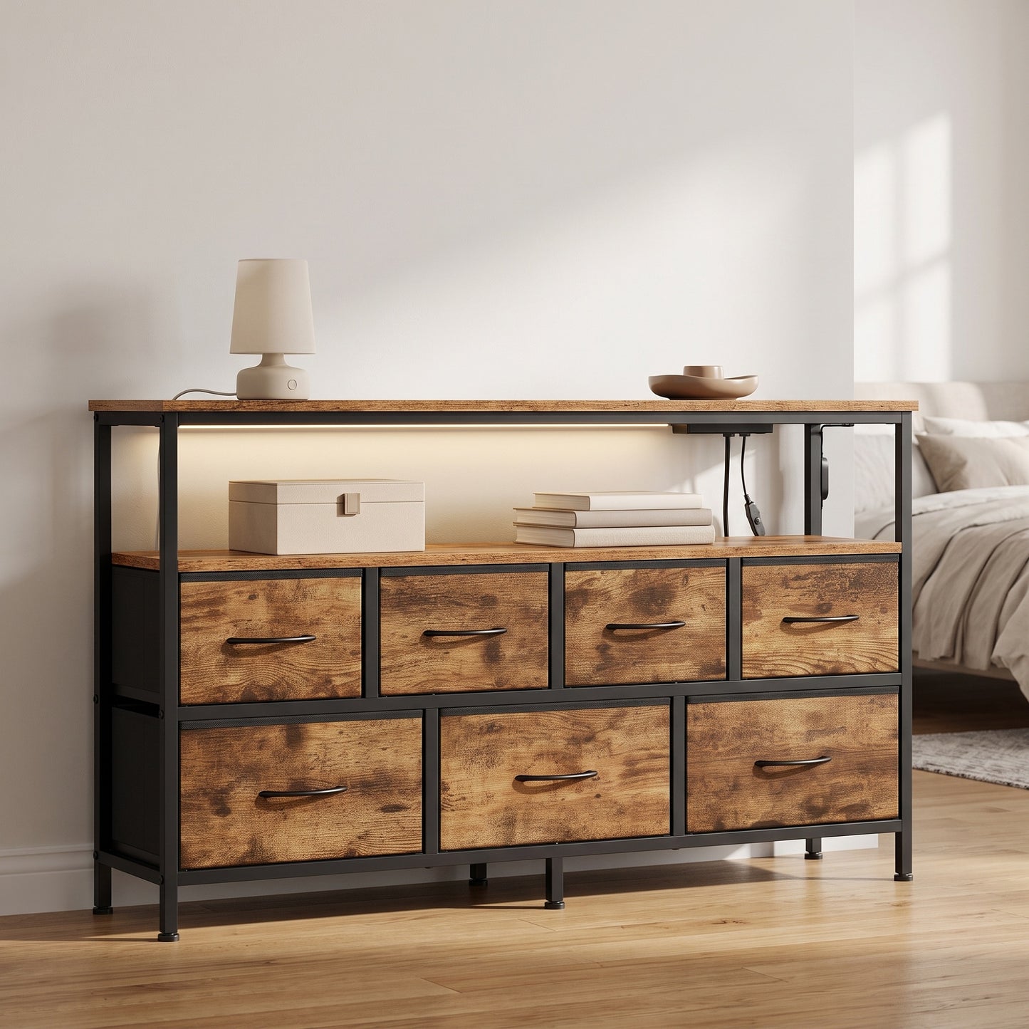 Dresser with Charging Station and LED Lights, 7 Drawers Storage Cabinet, 44.8 x 11.8 x 26.8 inches, Tan and Black
