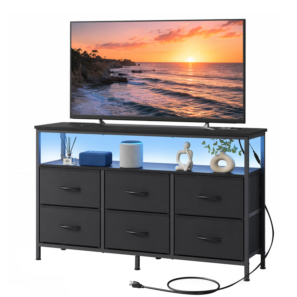 6-Drawer Dresser with LED Lights & Charging Station, TV Stand for 55" Screens, Storage Chest for Bedroom, Ink Black