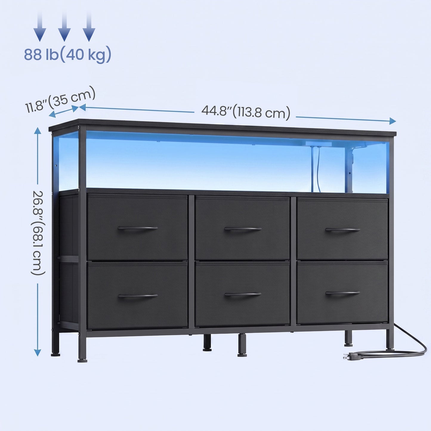 6-Drawer Dresser with LED Lights & Charging Station, TV Stand for 55" Screens, Storage Chest for Bedroom, Ink Black