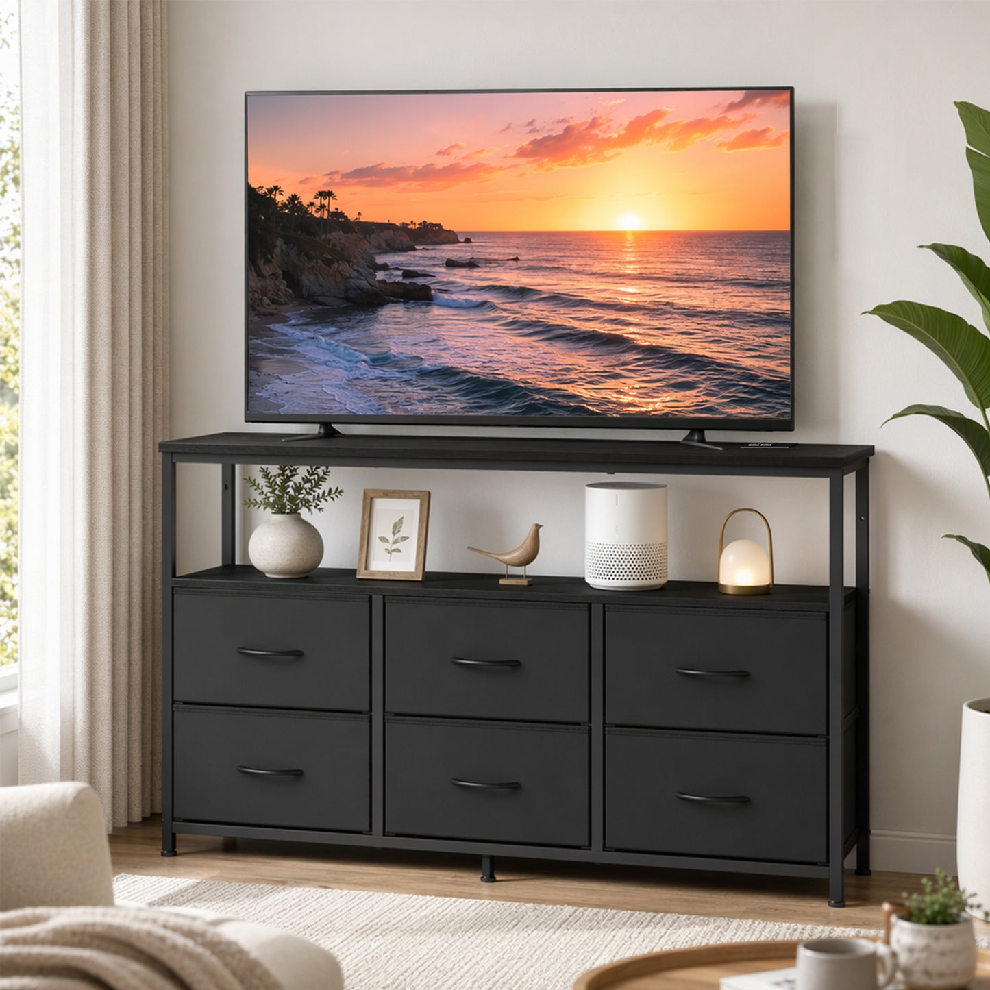 6-Drawer Dresser with LED Lights & Charging Station, TV Stand for 55" Screens, Storage Chest for Bedroom, Ink Black