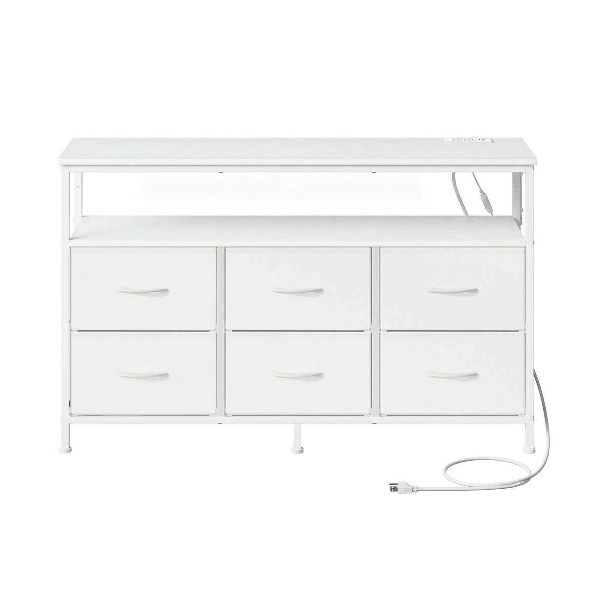 6-Drawer Dresser with LED Lights & Charging, TV Stand for 55" Screens, Storage Chest for Bedroom, Cloud White
