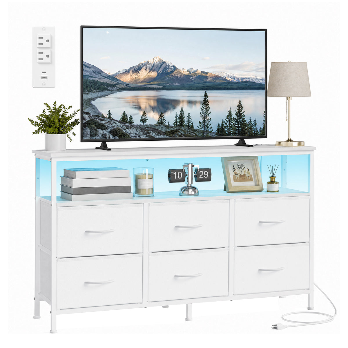 6-Drawer Dresser with LED Lights & Charging, TV Stand for 55" Screens, Storage Chest for Bedroom, Cloud White