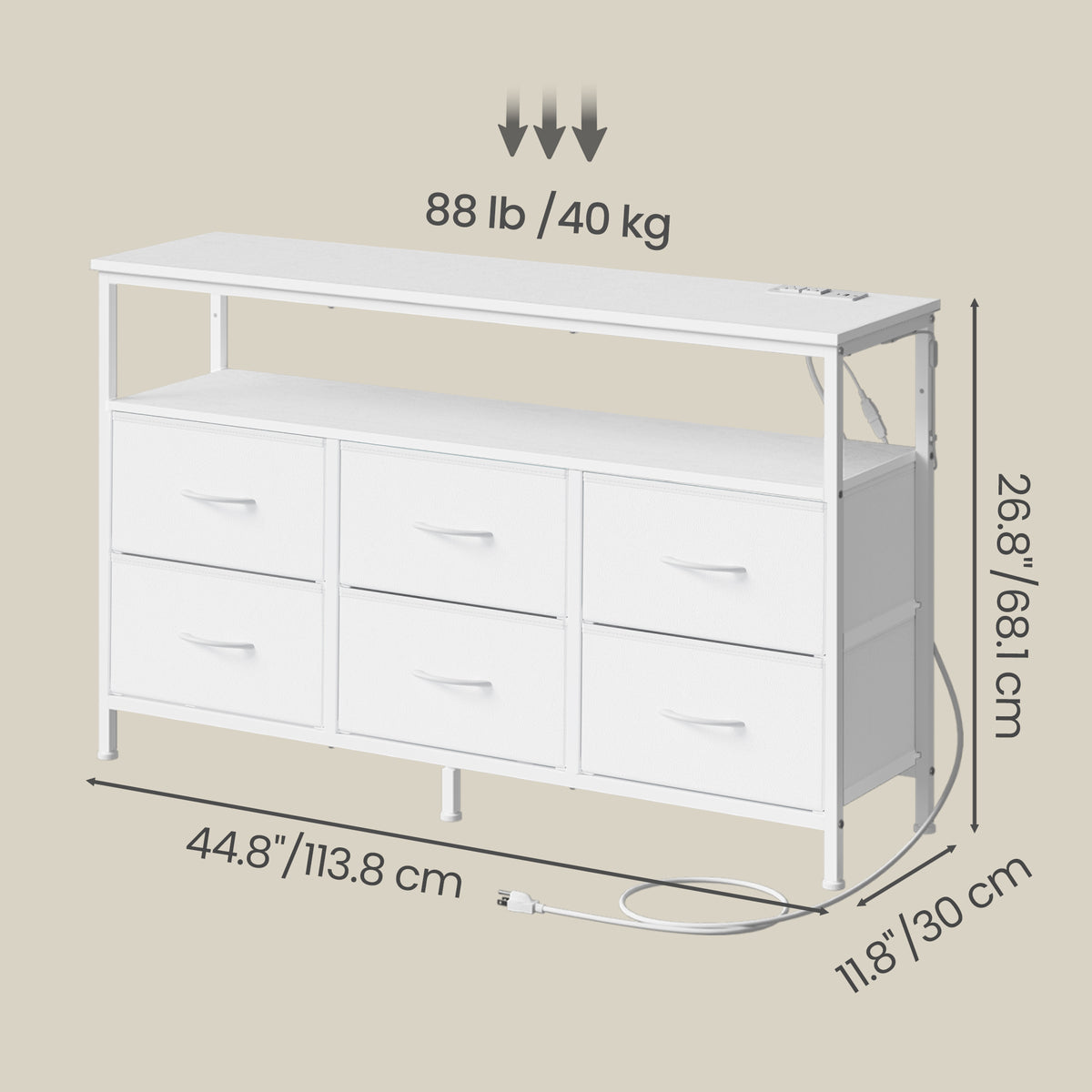 6-Drawer Dresser with LED Lights & Charging, TV Stand for 55" Screens, Storage Chest for Bedroom, Cloud White