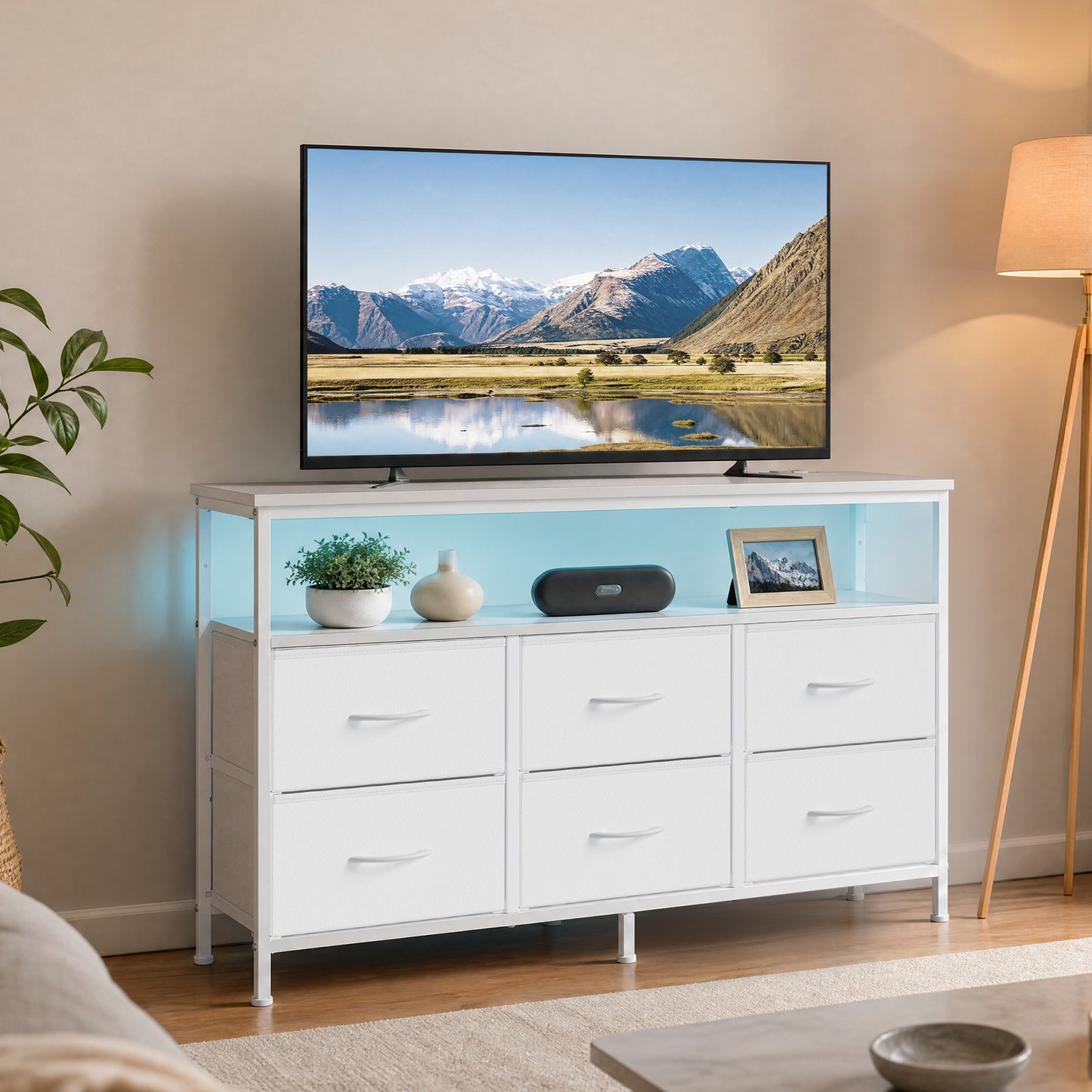 6-Drawer Dresser with LED Lights & Charging, TV Stand for 55" Screens, Storage Chest for Bedroom, Cloud White