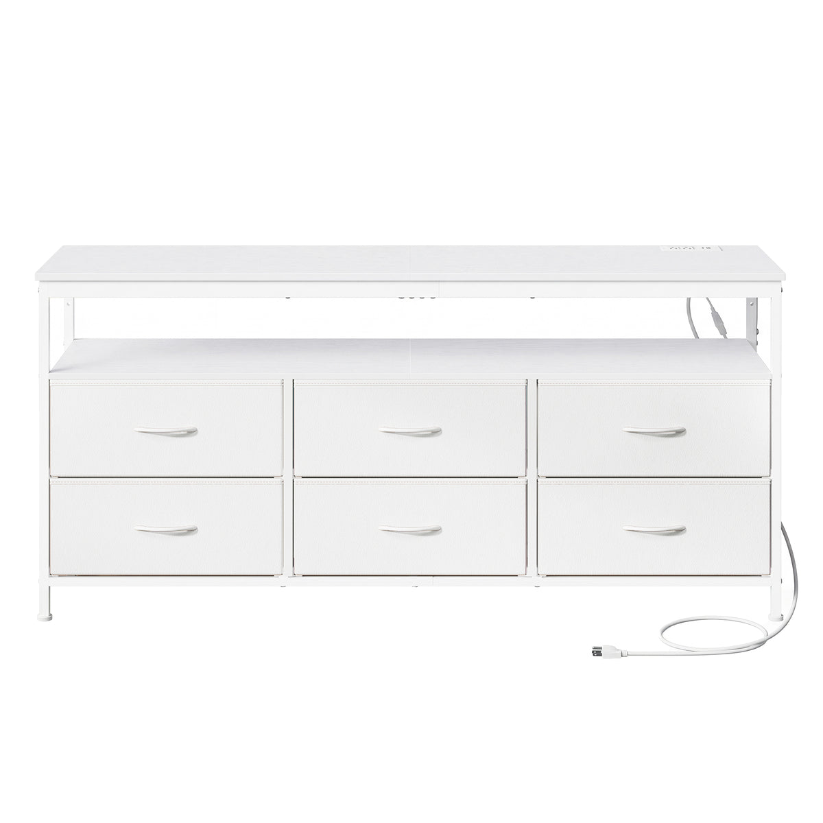 6-Drawer Dresser with LED Lights & Charging, TV Stand for 65" Screens, Storage Chest for Bedroom, Cloud White