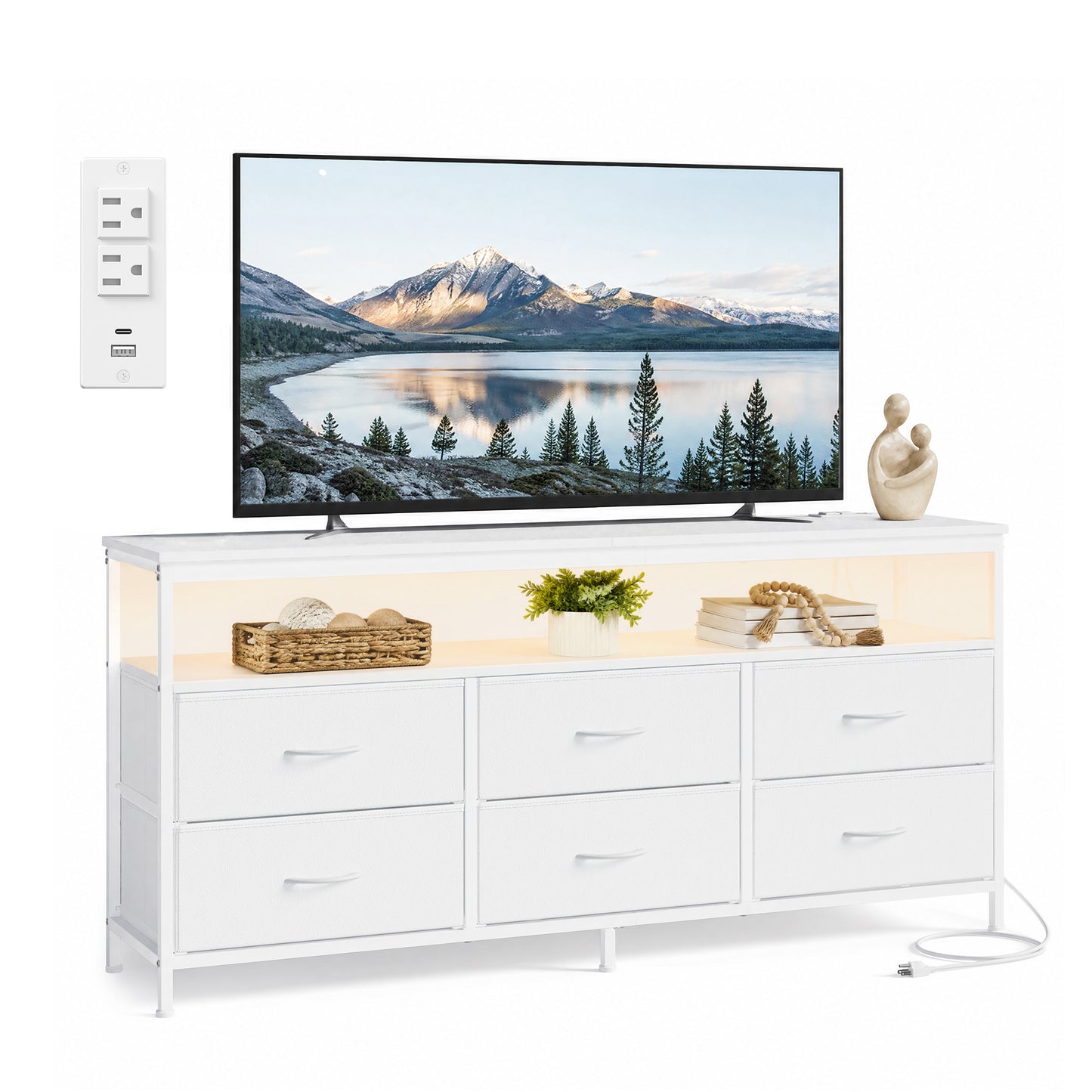 6-Drawer Dresser with LED Lights & Charging, TV Stand for 65" Screens, Storage Chest for Bedroom, Cloud White