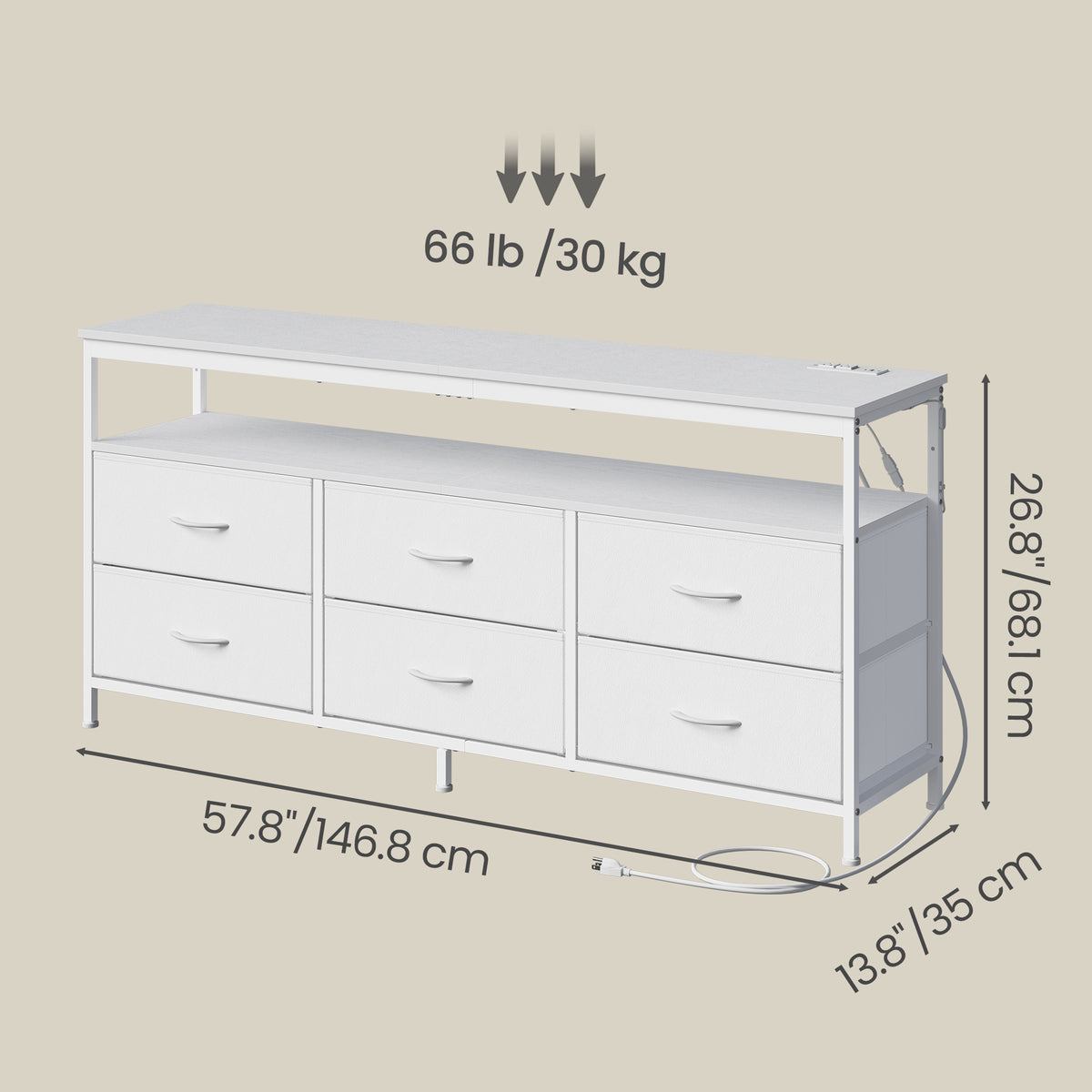 6-Drawer Dresser with LED Lights & Charging, TV Stand for 65" Screens, Storage Chest for Bedroom, Cloud White