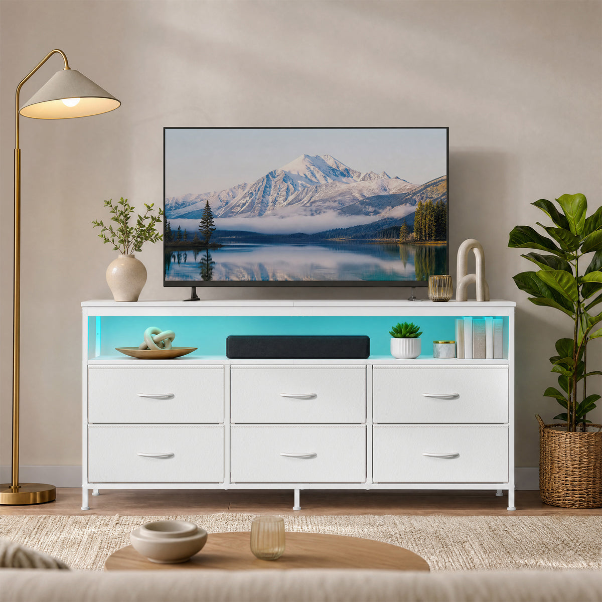 6-Drawer Dresser with LED Lights & Charging, TV Stand for 65" Screens, Storage Chest for Bedroom, Cloud White