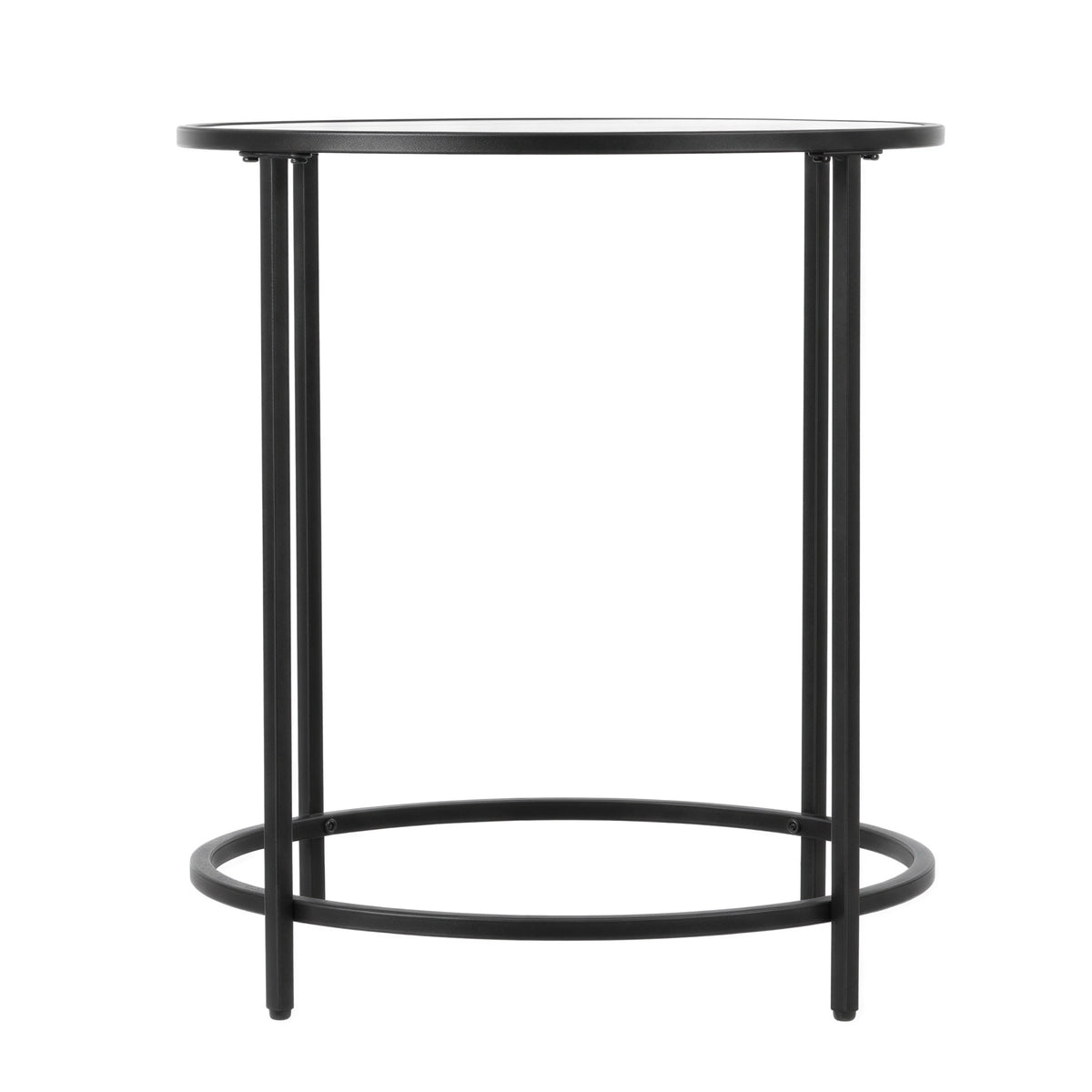 LEDREM Round Side Table, Glass End Table with Metal Frame, Modern Coffee Table, for Living Room, Balcony, Bedroom, Matte Black and Clear Glass
