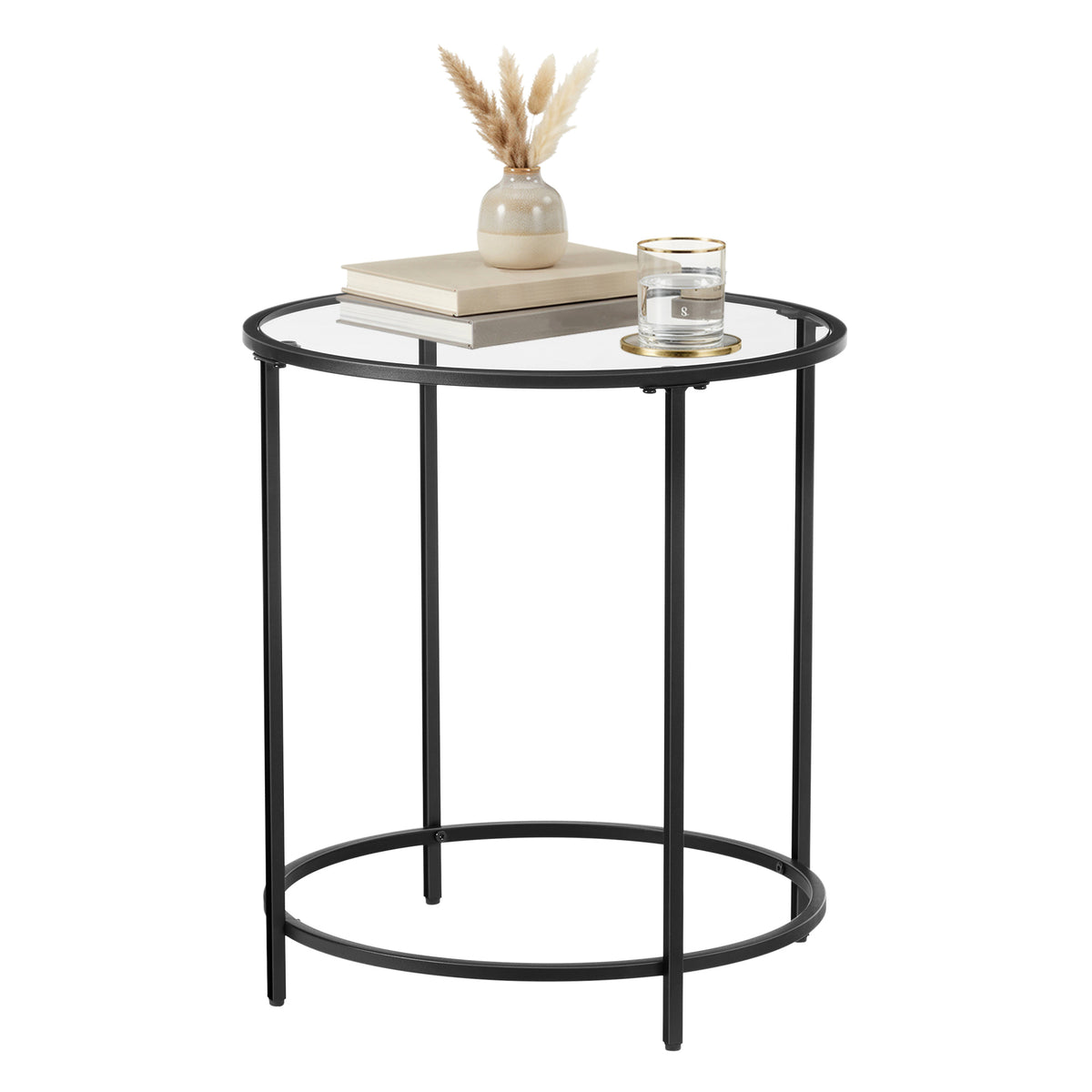 LEDREM Round Side Table, Glass End Table with Metal Frame, Modern Coffee Table, for Living Room, Balcony, Bedroom, Matte Black and Clear Glass