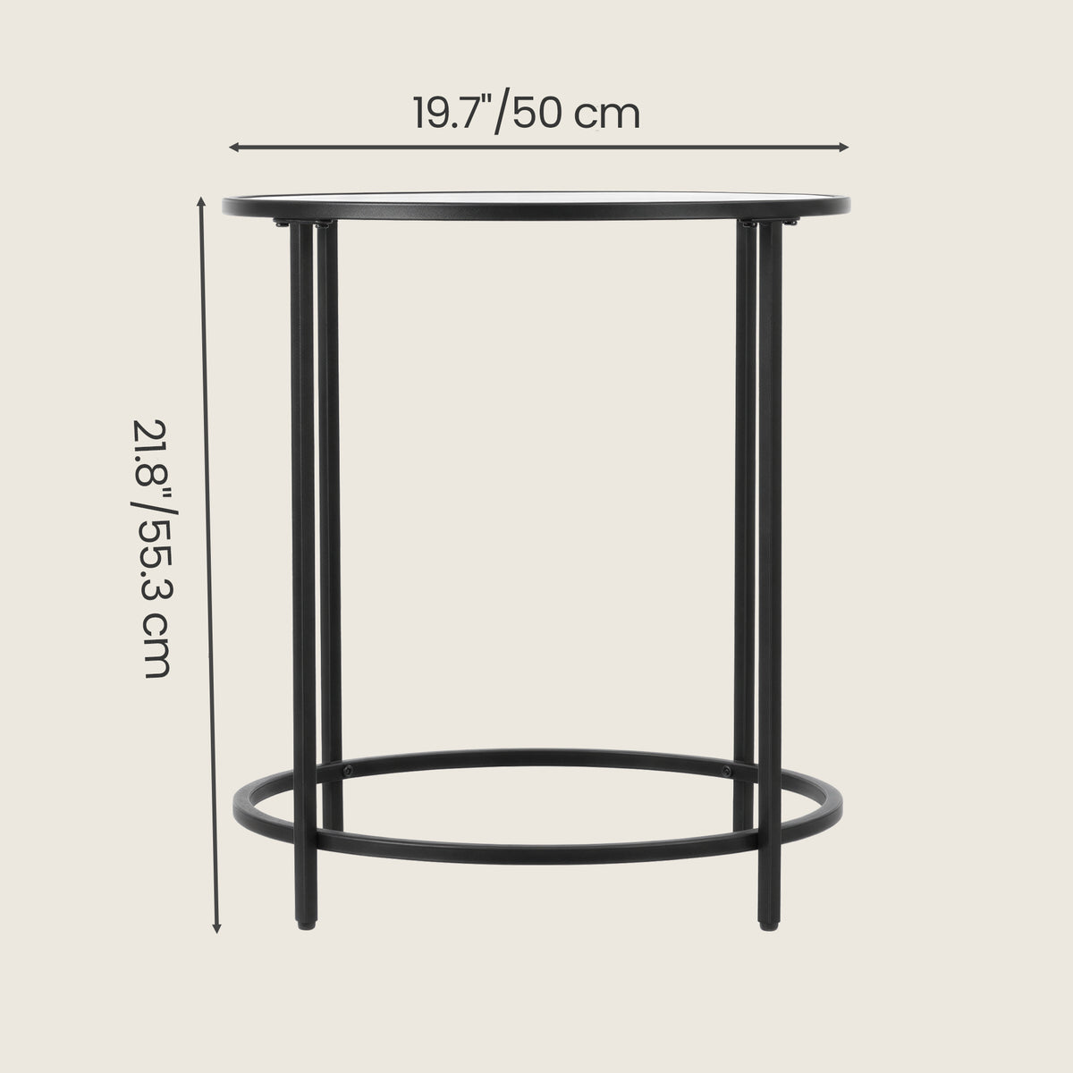 LEDREM Round Side Table, Glass End Table with Metal Frame, Modern Coffee Table, for Living Room, Balcony, Bedroom, Matte Black and Clear Glass