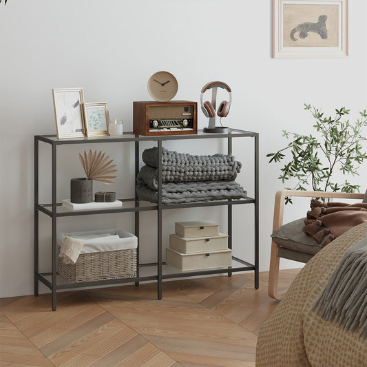 Modern Console Table with 3 Tempered Glass Shelves, Metal Frame, for Entryway, Living Room, Behind Couch, Classic Black