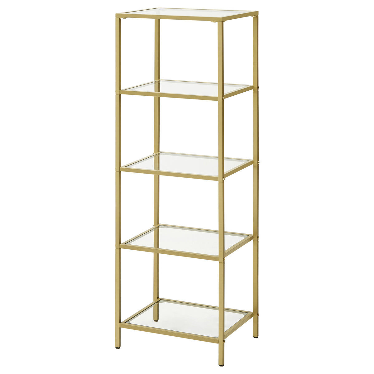 LEDREM 5-Tier Bookshelf, Slim Shelving Unit for Bedroom, Bathroom, Home Office, Glass, Steel Frame, White and Gold