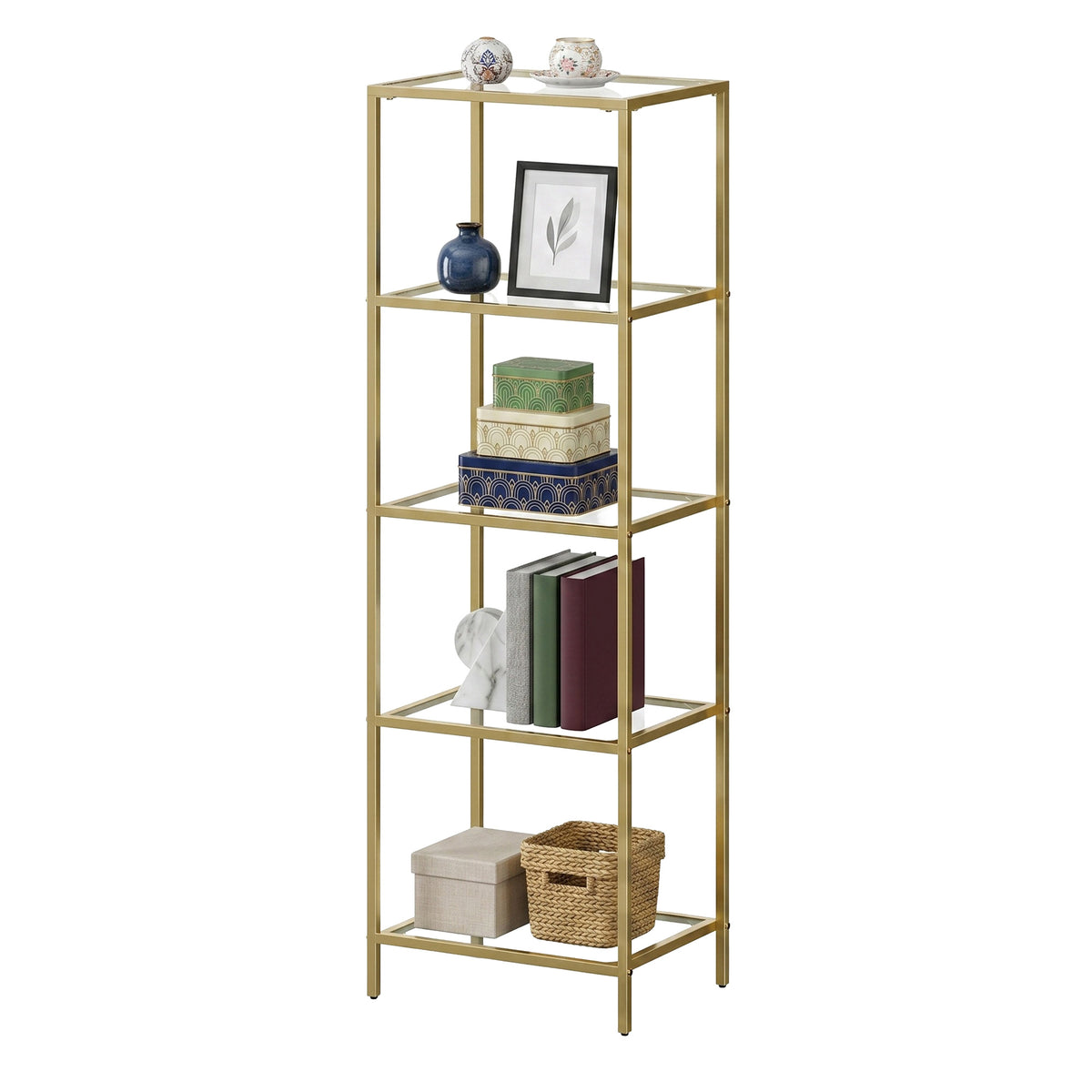 LEDREM 5-Tier Bookshelf, Slim Shelving Unit for Bedroom, Bathroom, Home Office, Glass, Steel Frame, White and Gold