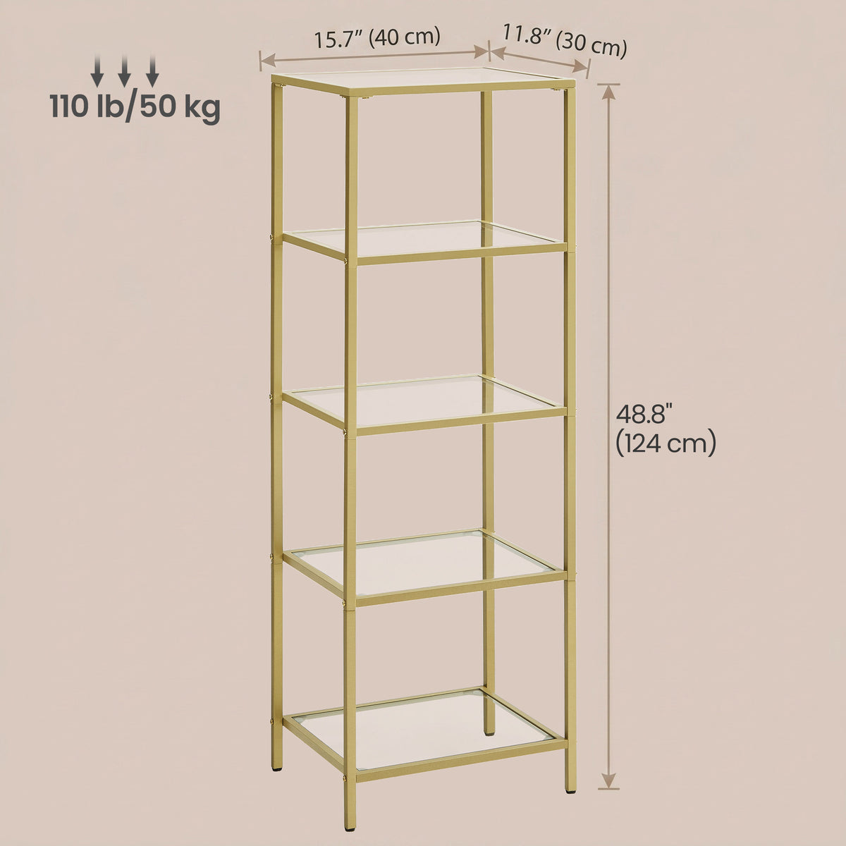 LEDREM 5-Tier Bookshelf, Slim Shelving Unit for Bedroom, Bathroom, Home Office, Glass, Steel Frame, White and Gold