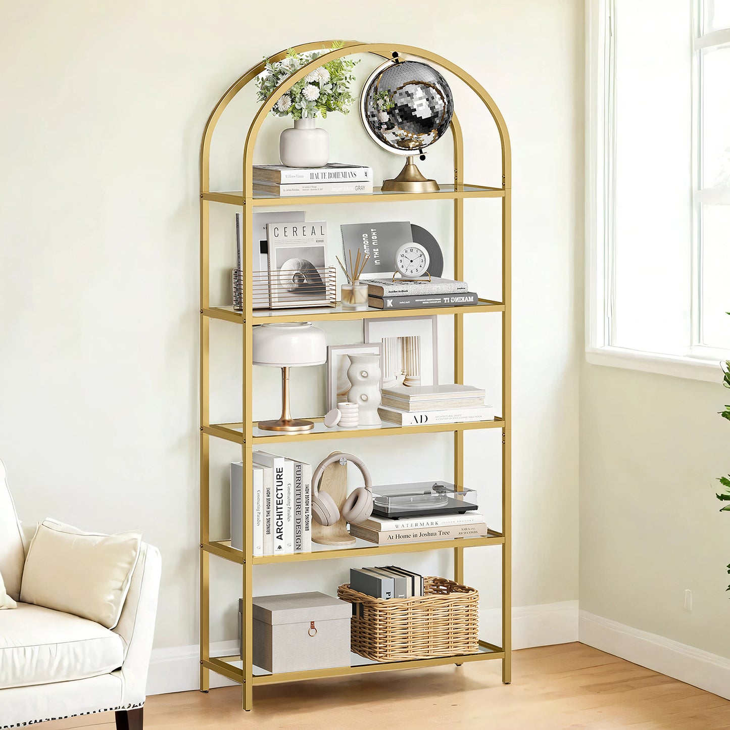 5-Tier Glass Bookshelf - Modern Display Shelf with Metal Frame, 22lb Capacity per Shelf, Gold