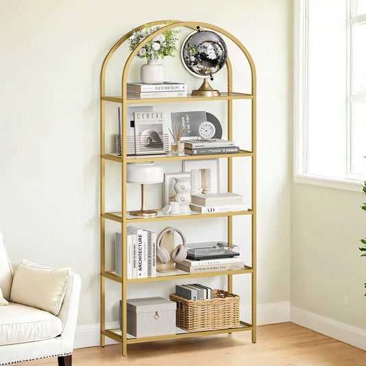 5-Tier Glass Bookshelf - Modern Display Shelf with Metal Frame, 22lb Capacity per Shelf, Gold