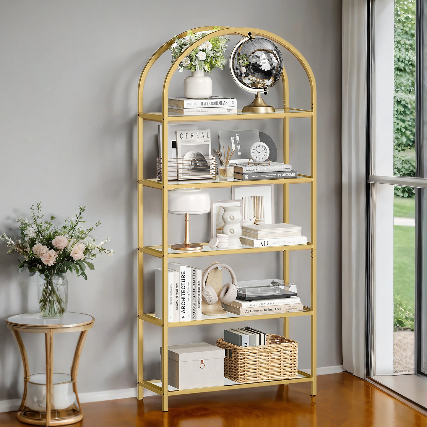 5-Tier Glass Bookshelf - Modern Display Shelf with Metal Frame, 22lb Capacity per Shelf, Gold