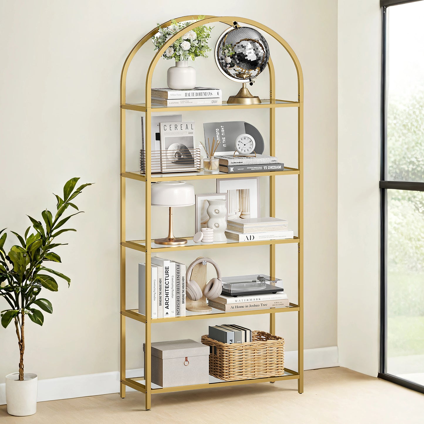 5-Tier Glass Bookshelf - Modern Display Shelf with Metal Frame, 22lb Capacity per Shelf, Gold