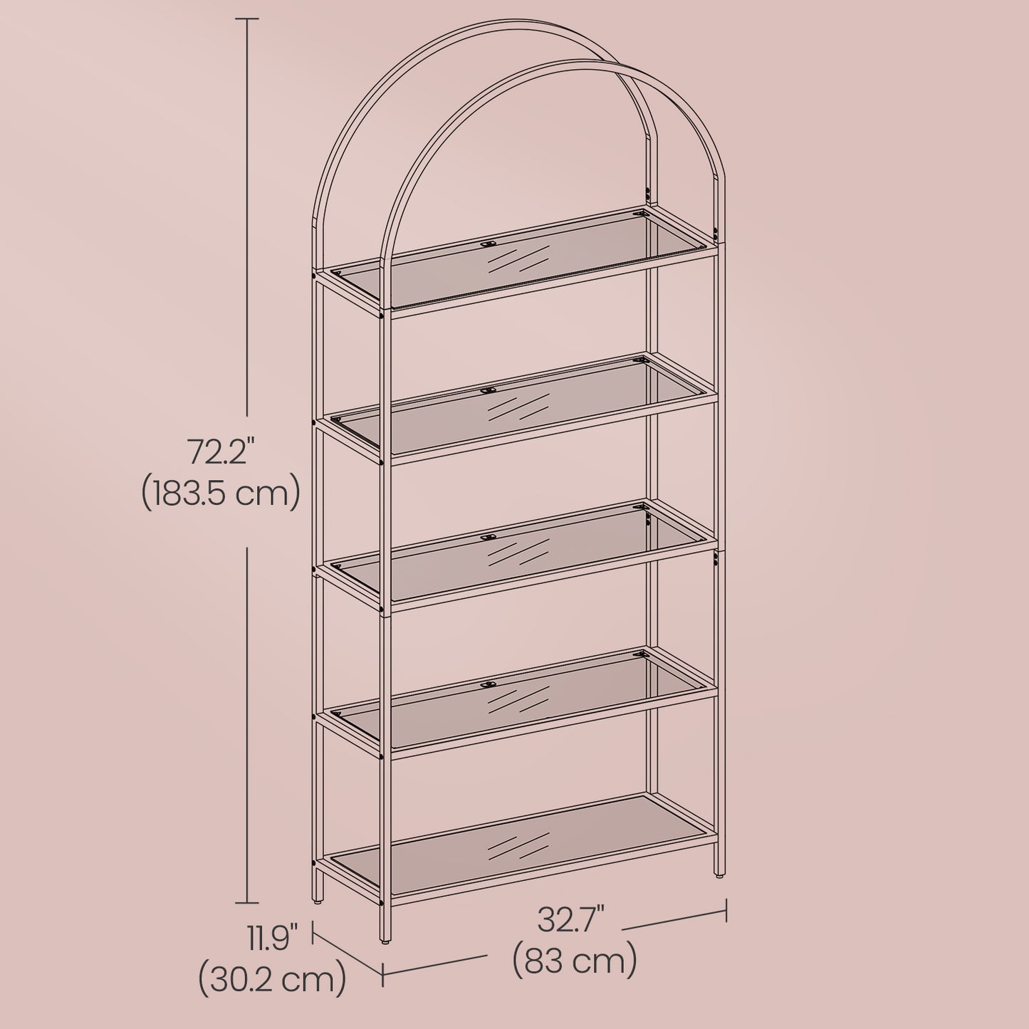 5-Tier Glass Bookshelf - Modern Display Shelf with Metal Frame, 22lb Capacity per Shelf, Gold