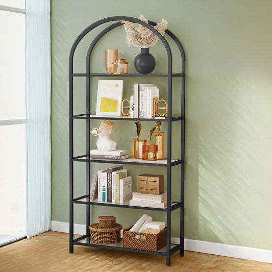 5-Tier Modern Bookcase Display Shelf with Sturdy Metal Frame & Glass Shelves – Space-Saving Storage Solution for Living Room, Bedroom, Office – Holds 22lb per Shelf, Black