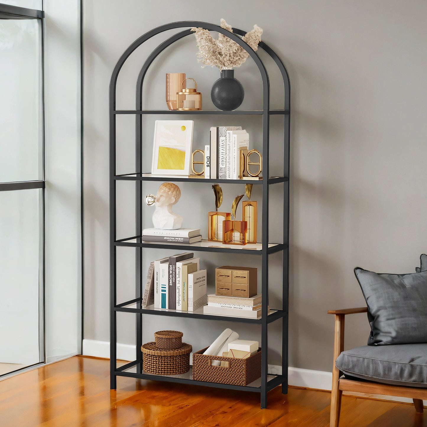 5-Tier Modern Bookcase Display Shelf with Sturdy Metal Frame & Glass Shelves – Space-Saving Storage Solution for Living Room, Bedroom, Office – Holds 22lb per Shelf, Black