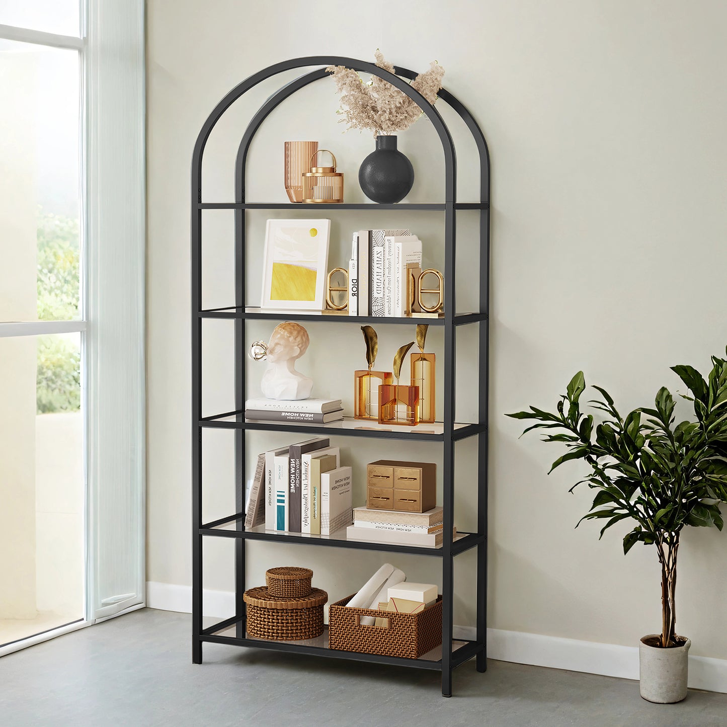 5-Tier Modern Bookcase Display Shelf with Sturdy Metal Frame & Glass Shelves – Space-Saving Storage Solution for Living Room, Bedroom, Office – Holds 22lb per Shelf, Black