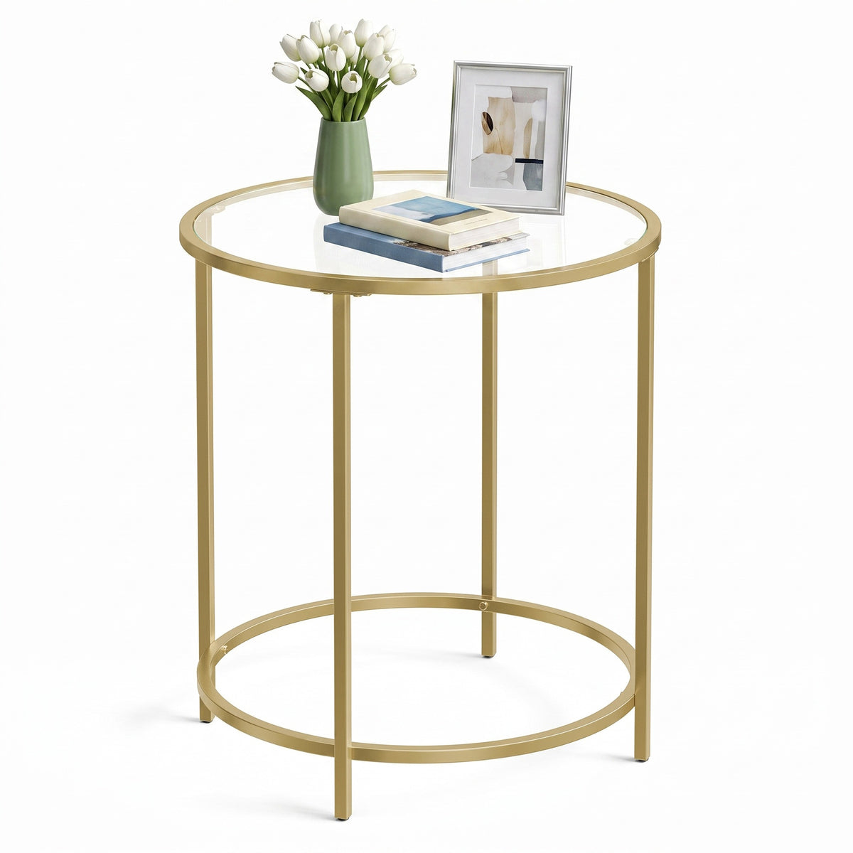 LEDREM Round Side Table, Glass End Table with Metal Frame, Modern Coffee Table, for Living Room, Balcony, Bedroom, Pale Gold and Clear Glass