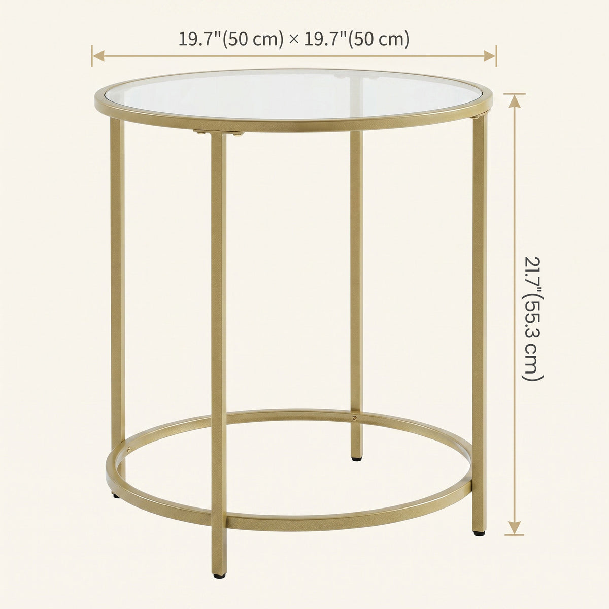 LEDREM Round Side Table, Glass End Table with Metal Frame, Modern Coffee Table, for Living Room, Balcony, Bedroom, Pale Gold and Clear Glass