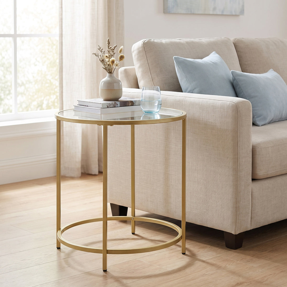 LEDREM Round Side Table, Glass End Table with Metal Frame, Modern Coffee Table, for Living Room, Balcony, Bedroom, Pale Gold and Clear Glass