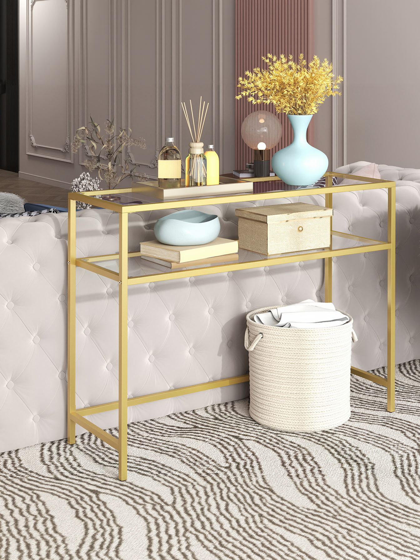 4-Tier Slim Bookcase with Tempered Glass Shelves, Steel Frame Shelving Unit for Bedroom and Office, Metallic Gold