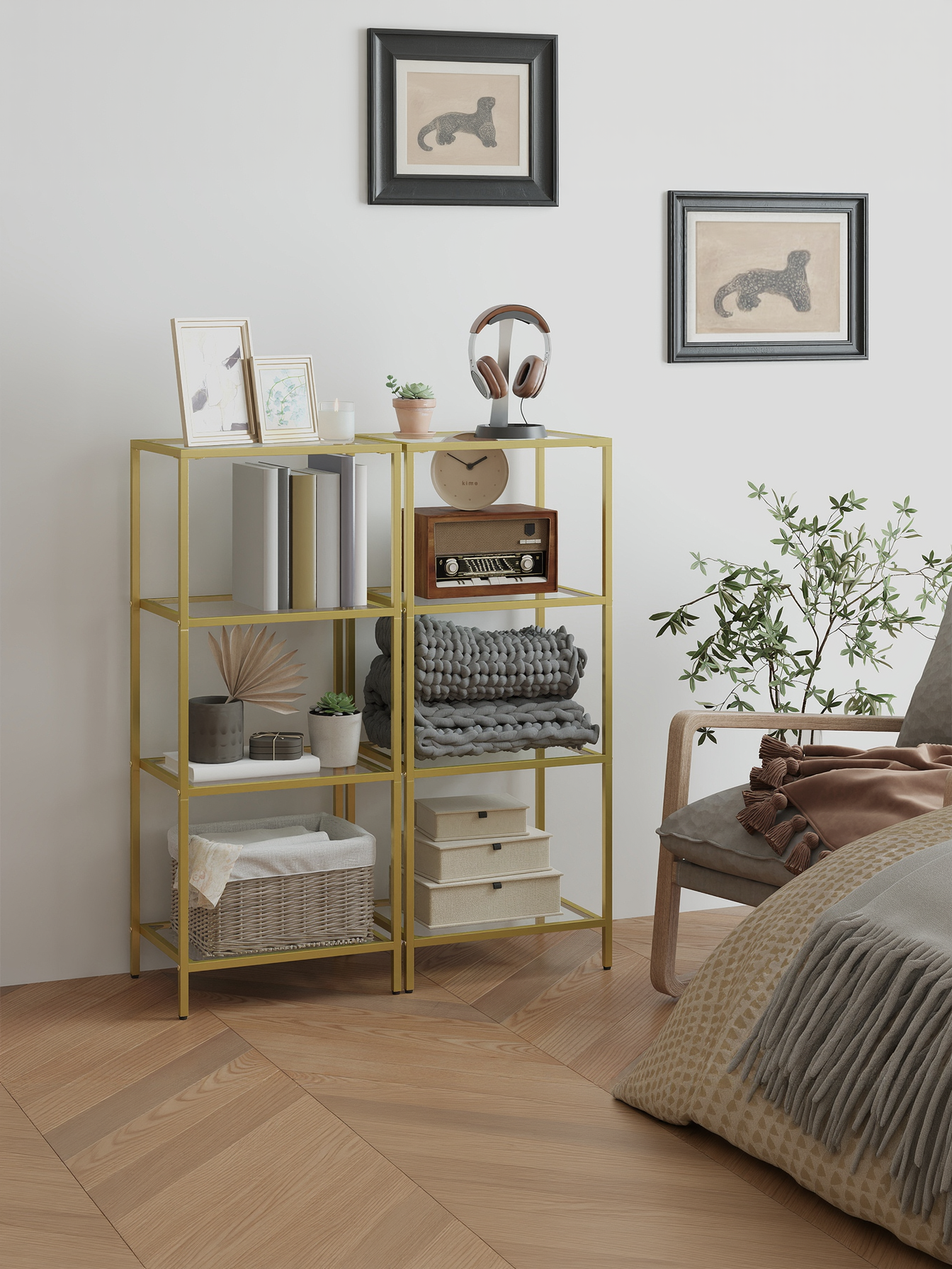 4-Tier Slim Bookcase with Tempered Glass Shelves, Steel Frame Shelving Unit for Bedroom and Office, Metallic Gold
