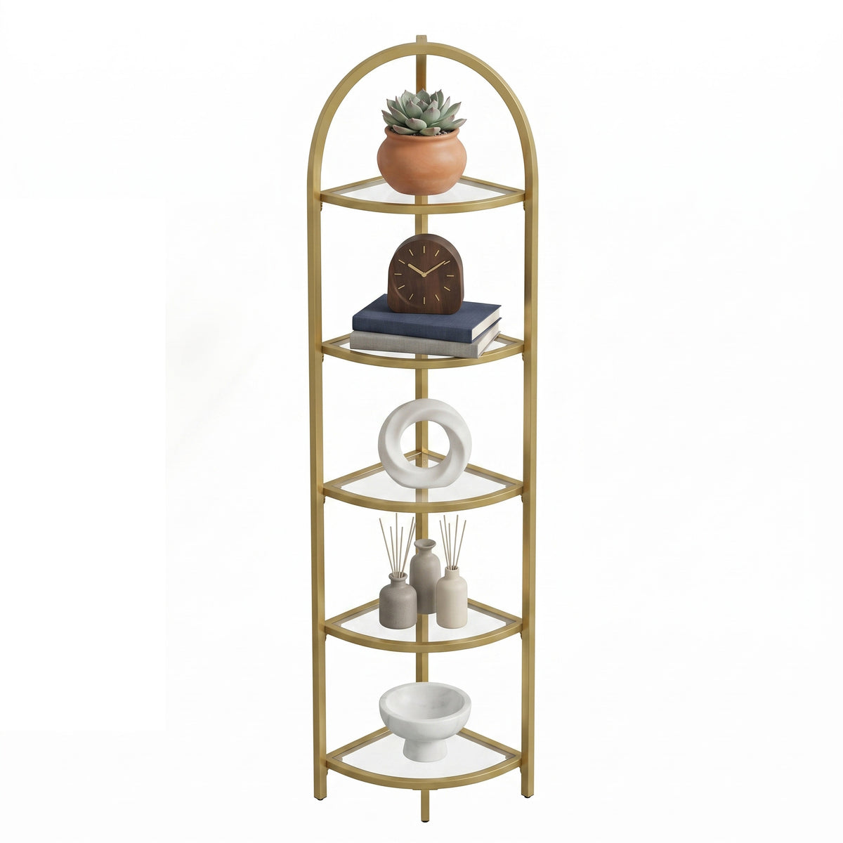 LEDREM 5-Tier Corner Shelf Stand, Corner Bookshelf, Bathroom Organizer, Plant Stand, Pale Gold