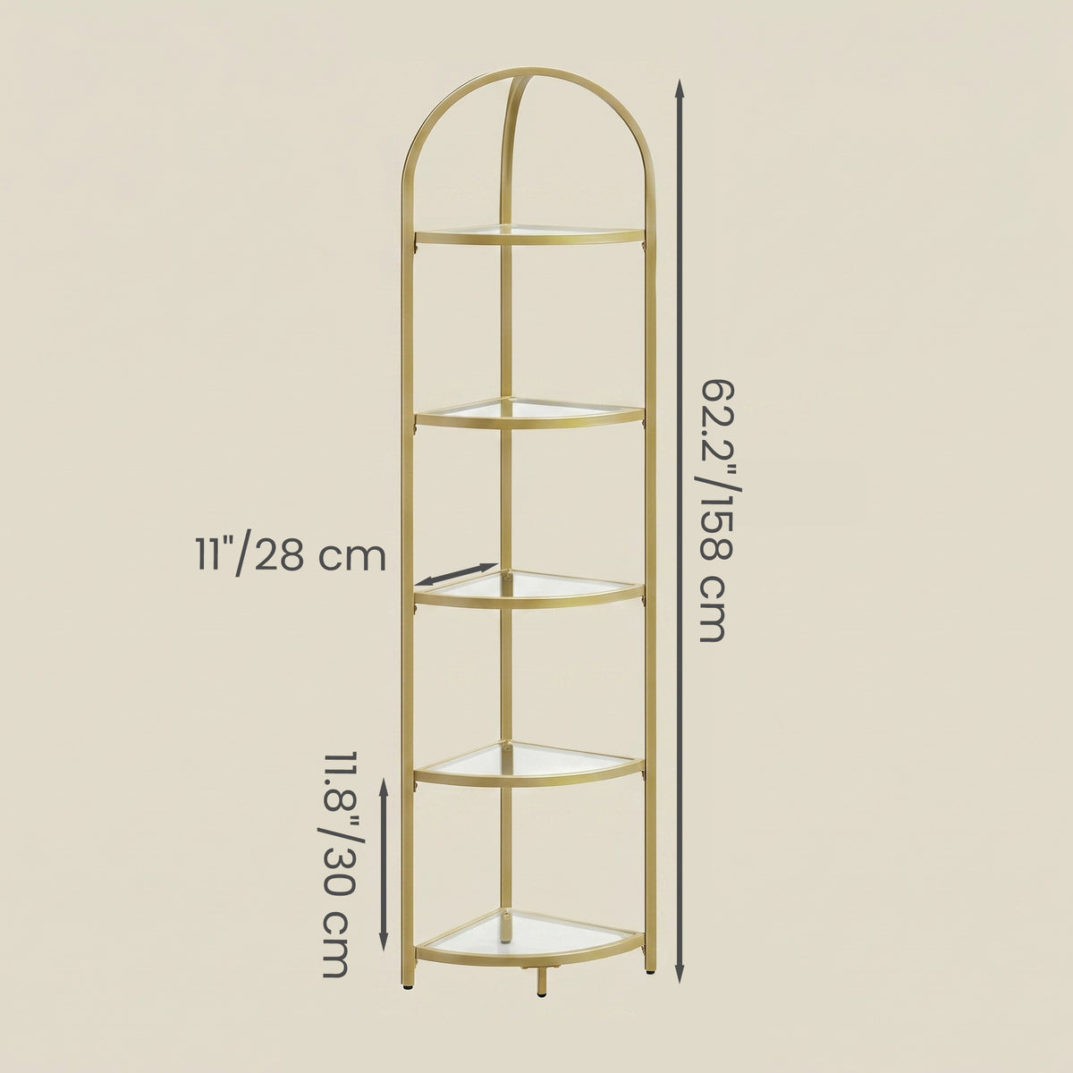 LEDREM 5-Tier Corner Shelf Stand, Corner Bookshelf, Bathroom Organizer, Plant Stand, Pale Gold