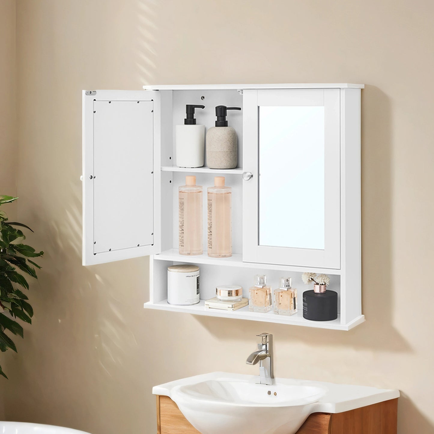 Wall-Mounted Bathroom Cabinet with 2 Mirrored Doors, Adjustable Shelf and Open Storage, Modern Medicine Cabinet for Bathroom Organization, White