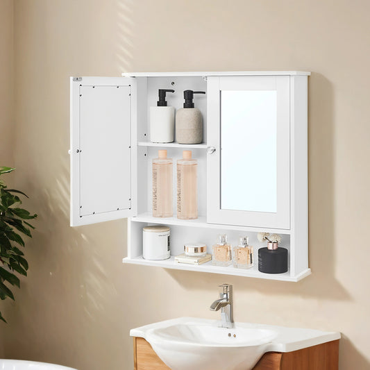 Wall-Mounted Bathroom Cabinet with 2 Mirrored Doors, Adjustable Shelf and Open Storage, Modern Medicine Cabinet for Bathroom Organization, White