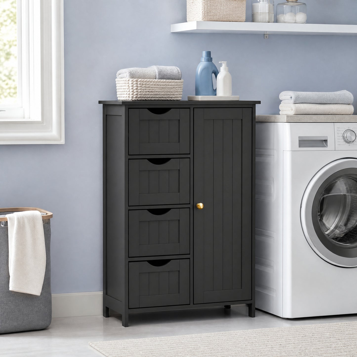 Tall Freestanding Storage Unit, 1-Door Cupboard with Adjustable Shelves, Black