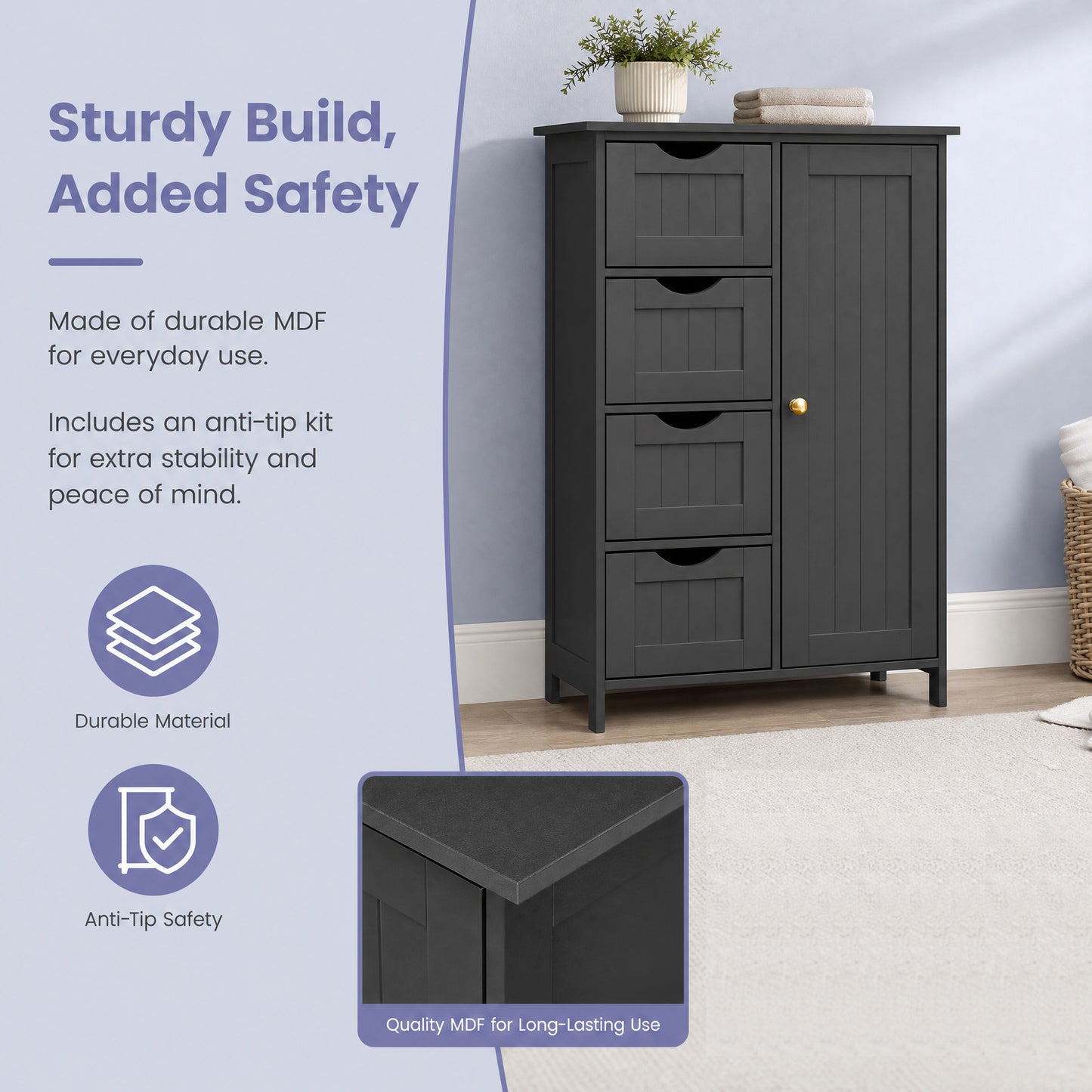 Tall Freestanding Storage Unit, 1-Door Cupboard with Adjustable Shelves, Black