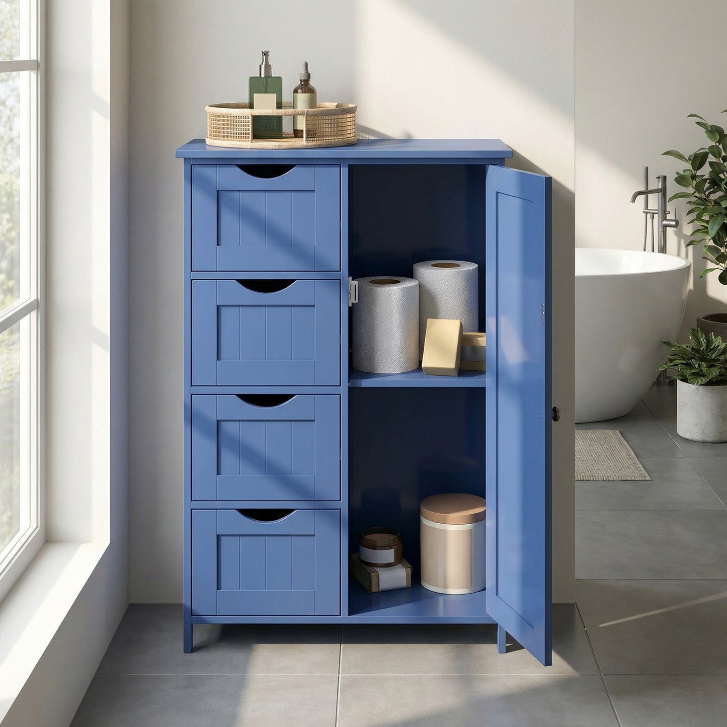 Freestanding Storage Cabinet with Drawers & Door, Adjustable Shelf Floor Cabinet for Bathroom, Living Room, Kitchen, 21.7 x 32.3 x 11.8 Inches, Bijou Blue