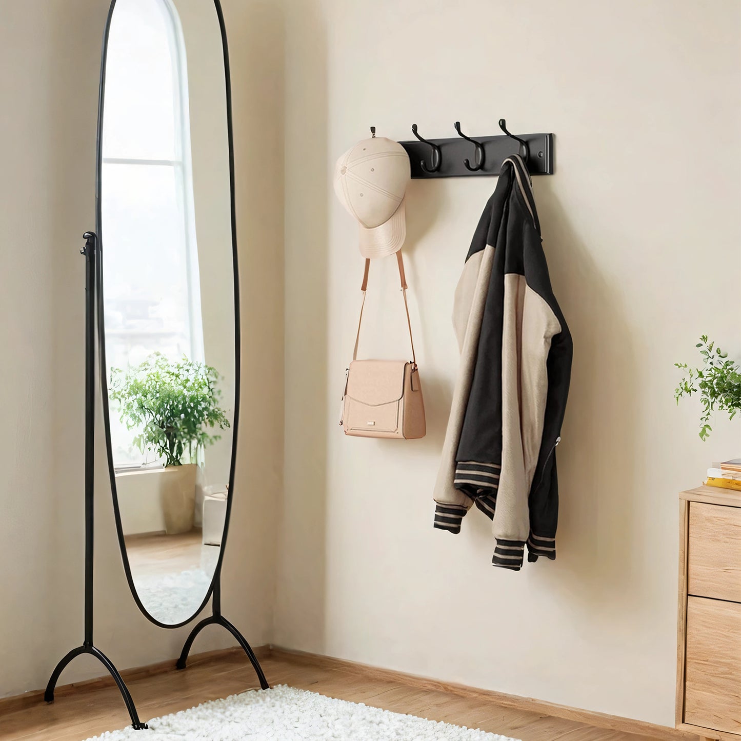 Wall-Mounted Coat Rack, 4 Dual Metal Hooks with 6.6 lb Capacity Each, Entryway & Bedroom Organizer, Black