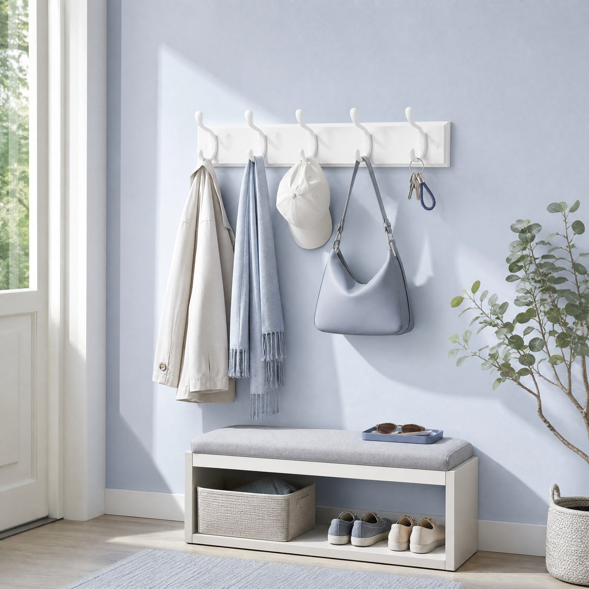 LEDREM Heavy Duty Wall Mounted Coat Rack with 5 Dual Hooks, 19.8 x 3 x 3.3 inches, White