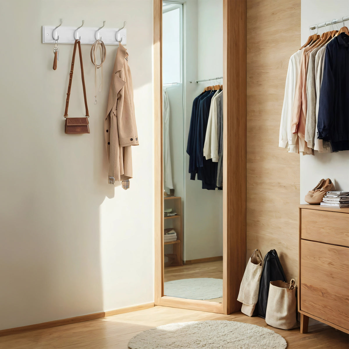 LEDREM Heavy Duty Wall Mounted Coat Rack with 4 Dual Hooks, 15.7 x 3 x 3.3 inches, White