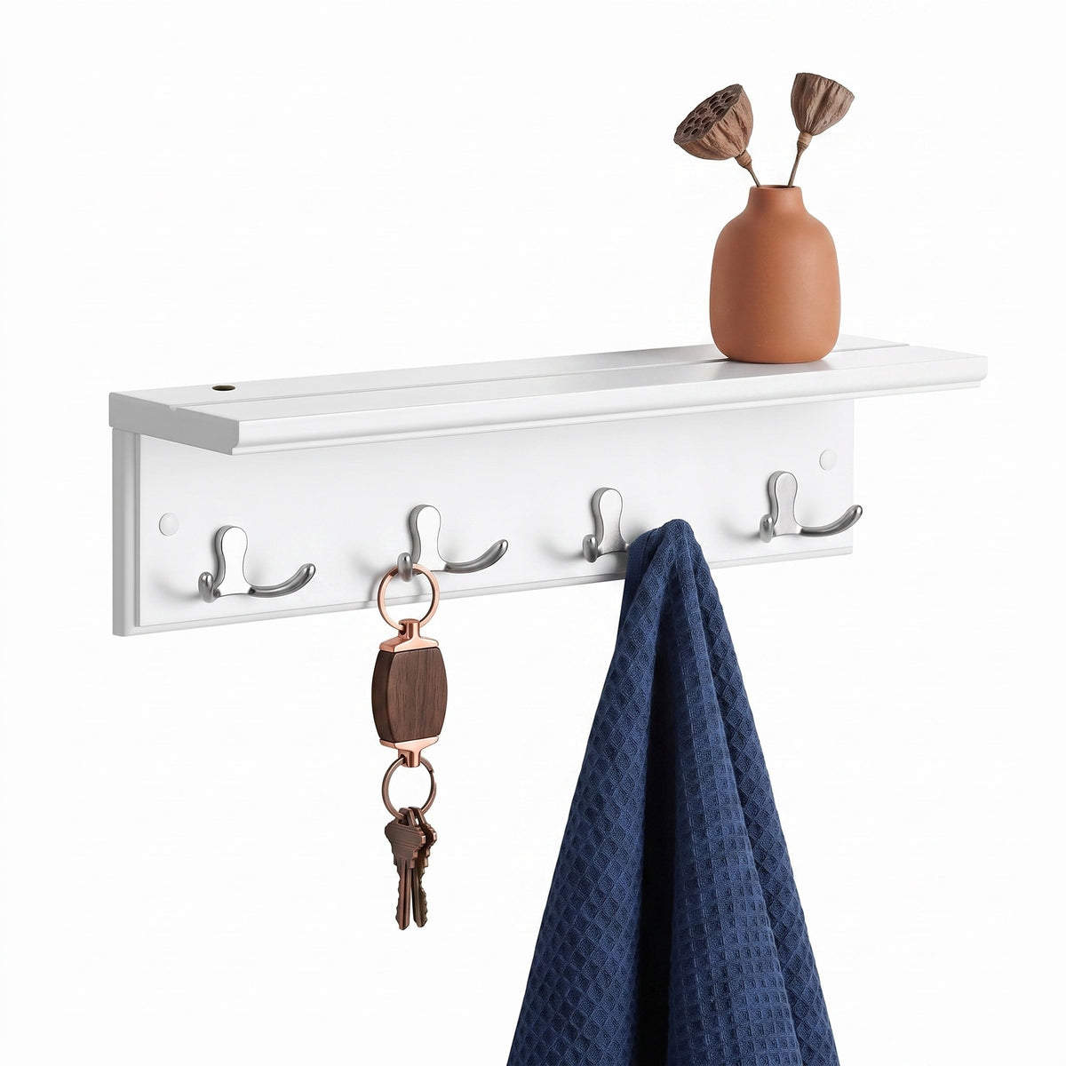 LEDREM Wall-Mounted Coat Rack with Display Shelf and 4 Dual Hooks 15.8 x 4.1 x 4.1 Inches White