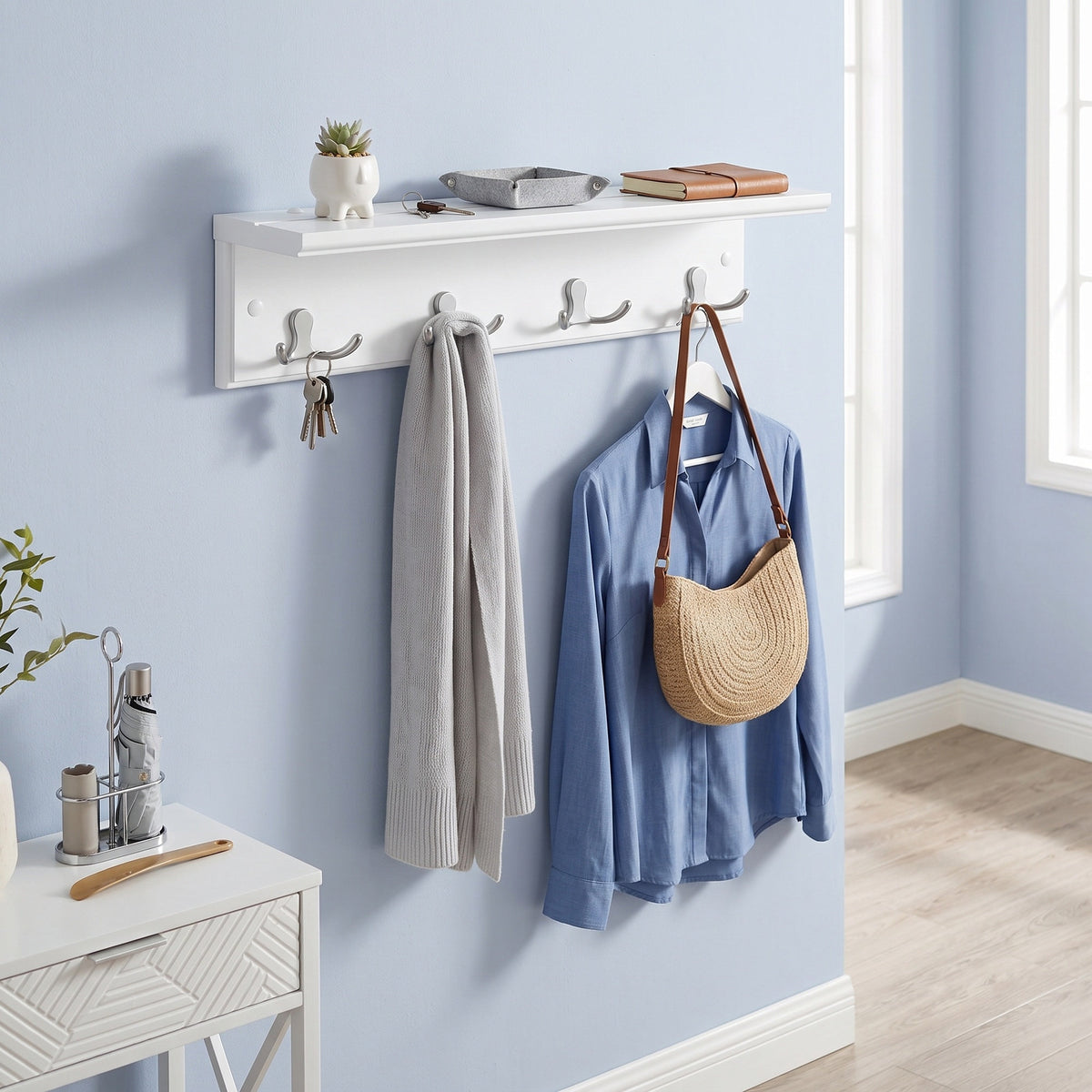 LEDREM Wall-Mounted Coat Rack with Display Shelf and 4 Dual Hooks 15.8 x 4.1 x 4.1 Inches White