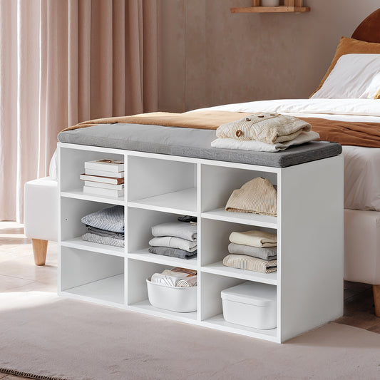 Shoe Bench, 9-Compartment Storage Bench with Removable Cushion, No-Tool Assembly Entryway Organizer,Cloud White and Dove Gray