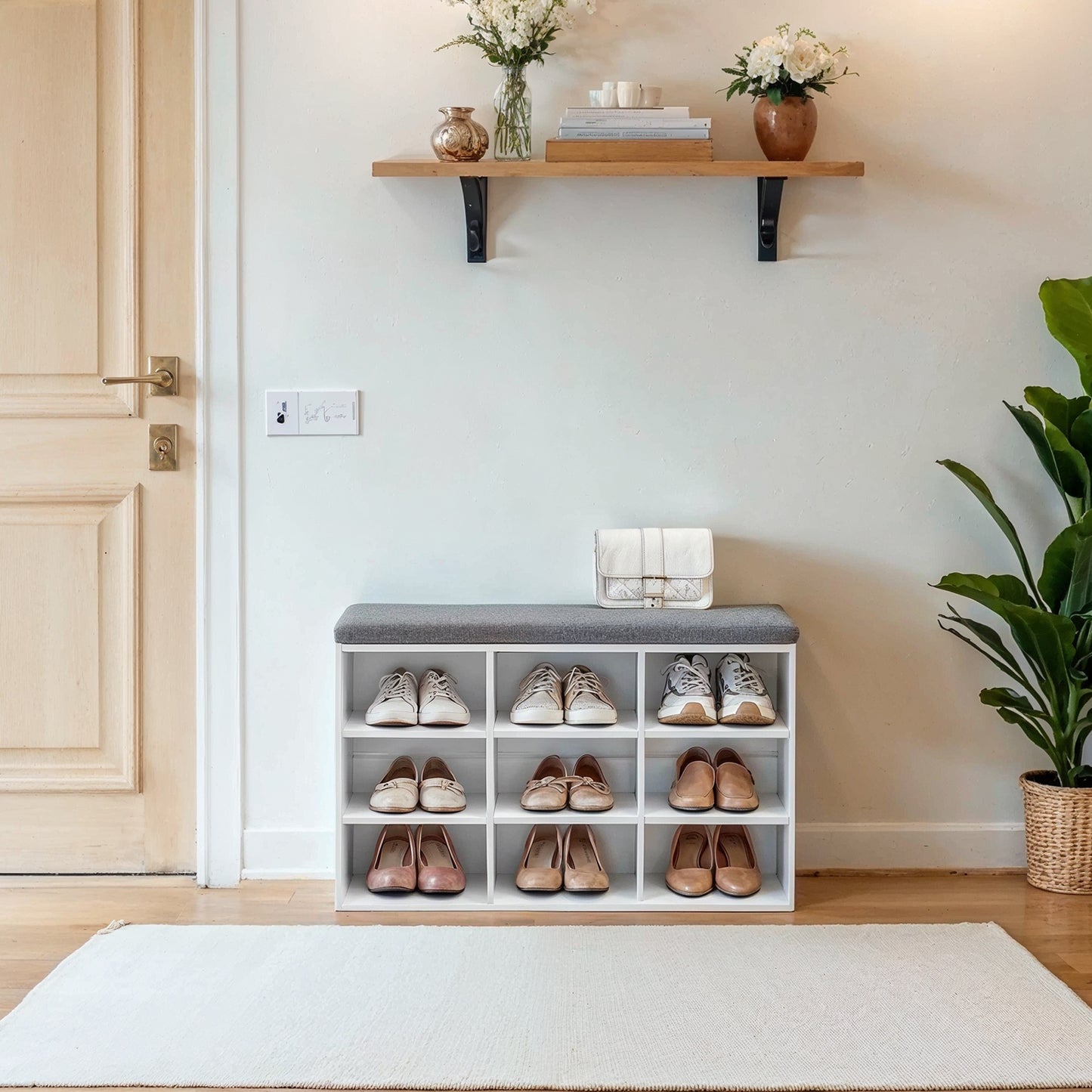 Shoe Bench, 9-Compartment Storage Bench with Removable Cushion, No-Tool Assembly Entryway Organizer,Cloud White and Dove Gray